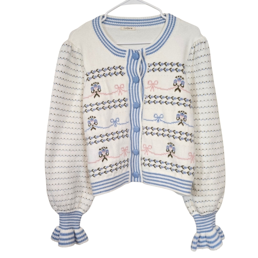Sunday Up Button Up Cottagecore Floral Soft Girl Bell Sleeve Cardigan Sweater - Picture 2 of 9